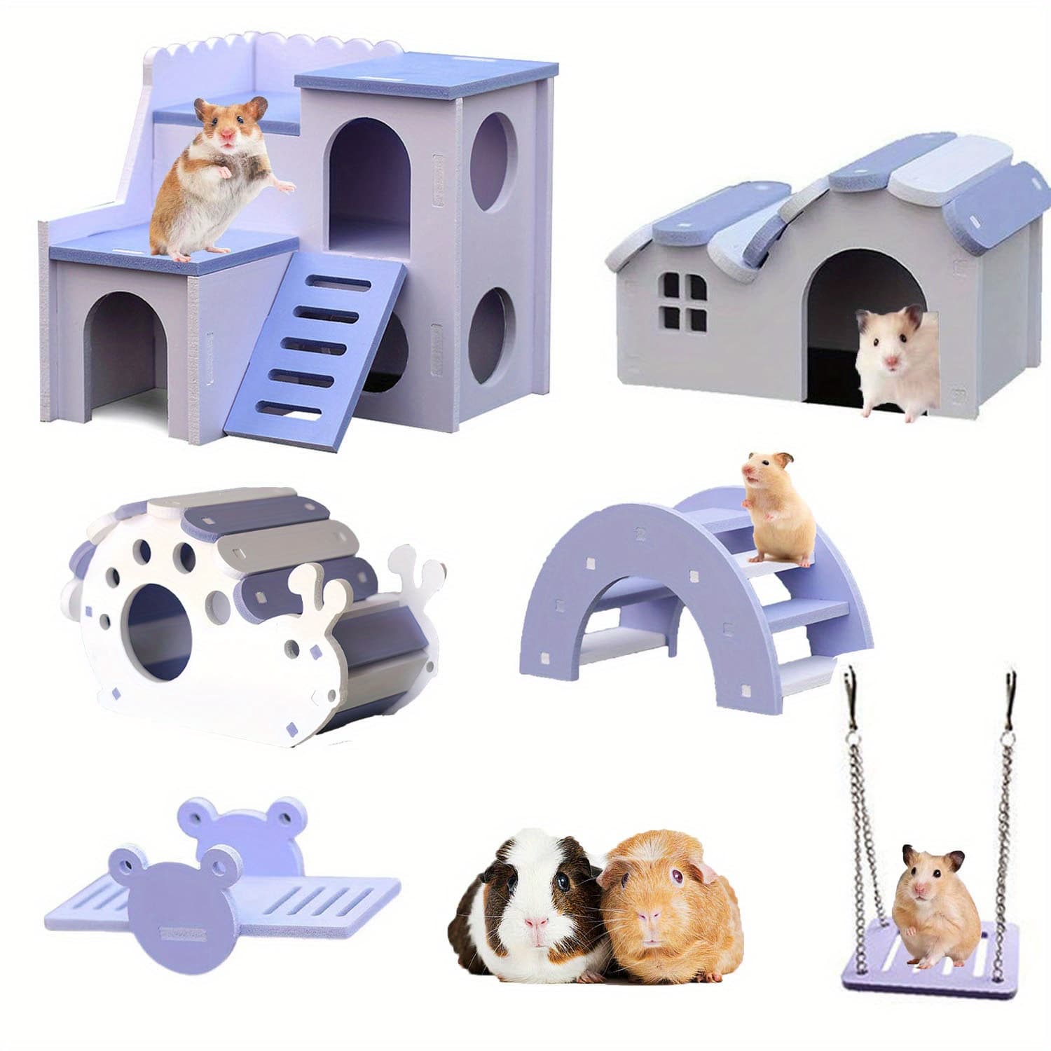 TEMU 6pcs Vibrant Hamster - Durable Pvc Hamster House, Swing, Rainbow Villa, Bell Roller Snail House, Arch Bridge, Stimulation Toys For Hamster's Physical And Mental Health