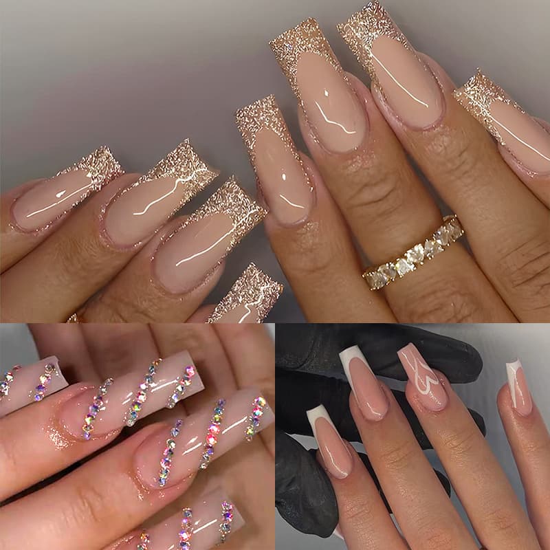 TEMU 72pcs (3 Pack) Diamond Fake Nail Set - Fine Sparkle Rectangular Shape, Fine Sparkle Design, Suitable For Hand And Female Nail Care, Suitable For Women