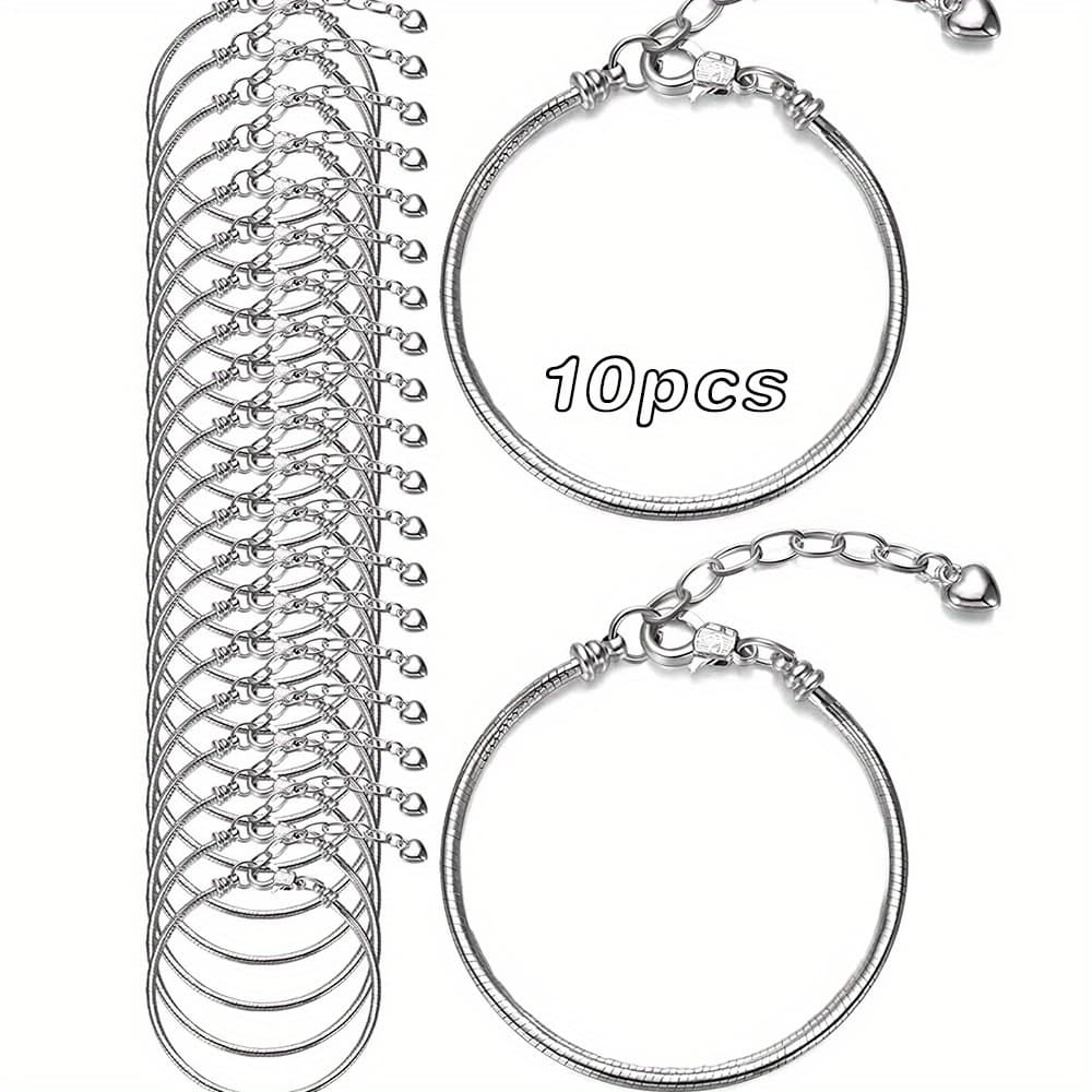 TEMU 10pcs19cm Stainless Steel Bracelet With Extension Chain Alloy Diy Large Hole Bead Bracelet Making Materials Jewelry Making Supplies