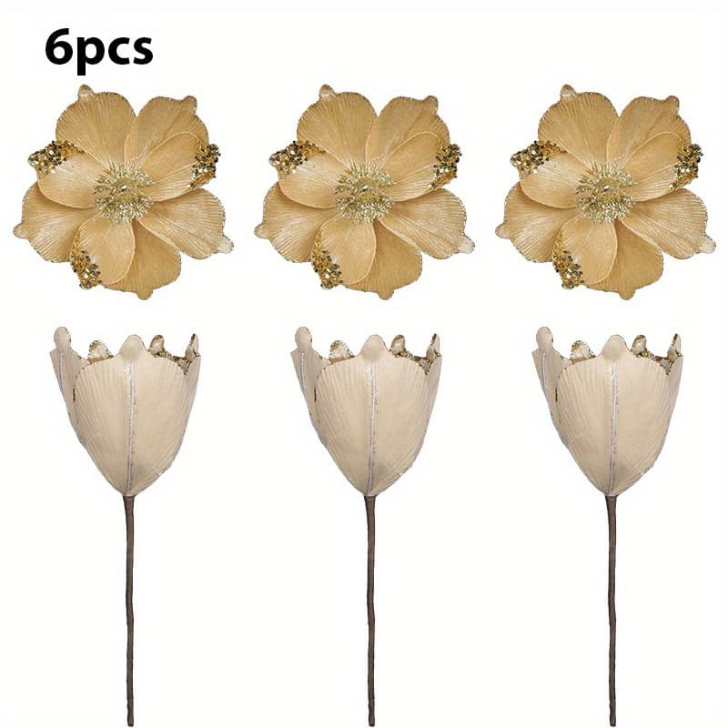 TEMU 6pcs Golden Flowers, Simulated Flower Christmas Tree Accessories, Christmas Decorations (red+gold+white), Christmas Artificial Flower Decorations