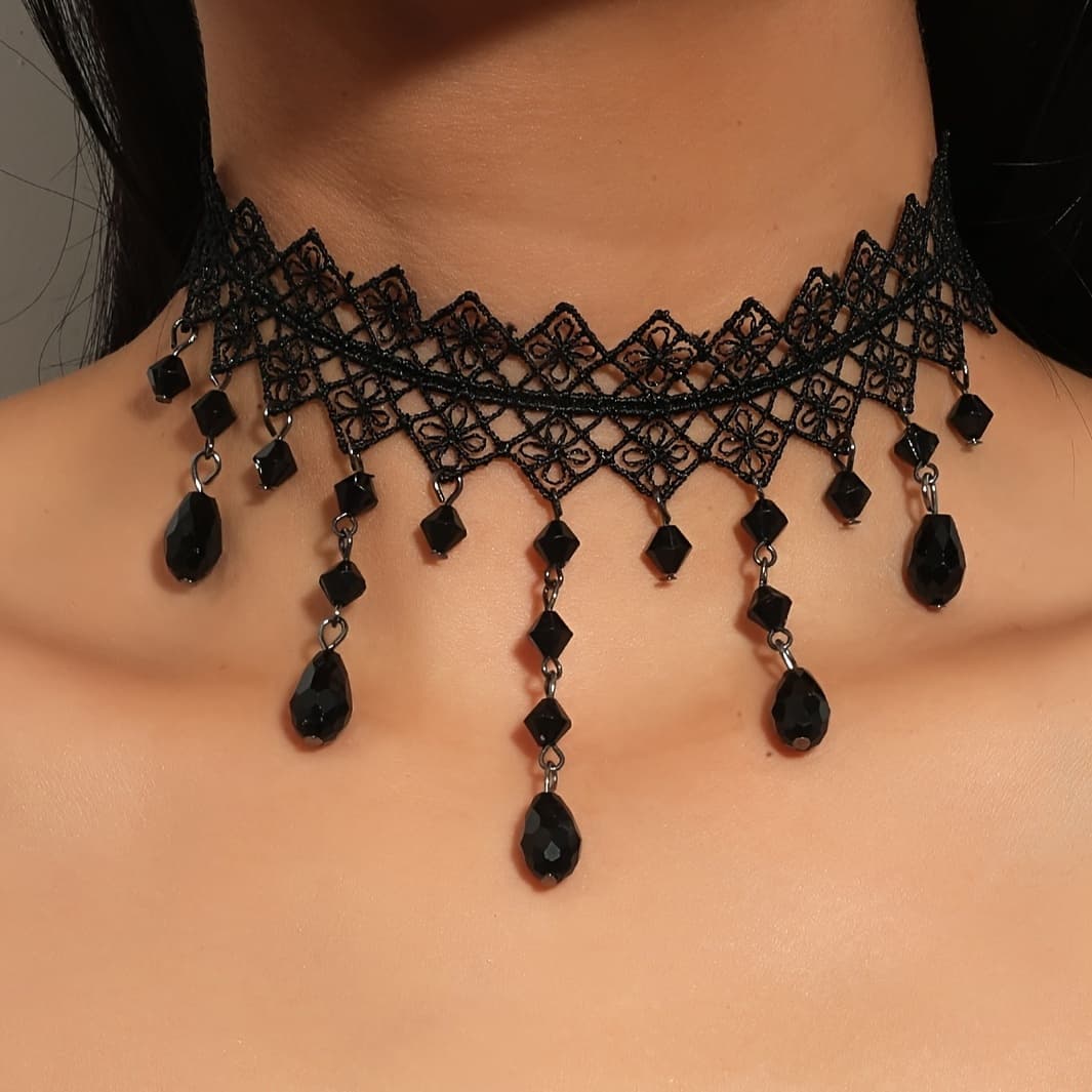 TEMU 1pc Elegant Boho Gothic Black Lace Choker Necklace With Teardrop Pendants, Versatile For Daily Wear & Special Occasions, Ideal For Spring Festival & All