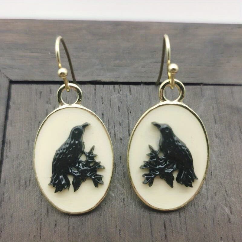 TEMU 1pair Gothic Oval Shape With Black Twig Pattern Dangle Drop Earrings Retro Jewelry Gift, For Teenager