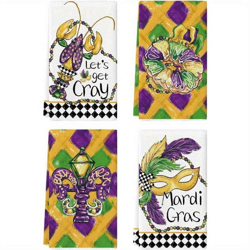 TEMU 4pcs 18x26 Inch Mardi Gras Kitchen Towels - Festive Purple , Masquerade Mask, And Design, Soft Polyester Dish Towels For Seasonal Kitchen & Dining Decor, Dish Towels For Kitchen