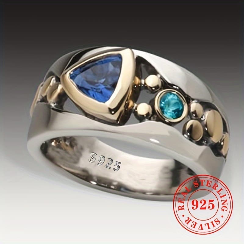 TEMU 925 Sterling Silvery Dual-tone Ring With Triangular Cut Blue Synthetic Vintage Ring Jewelry, For Teenager, For Teenager