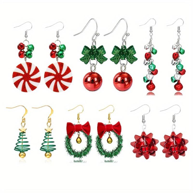 TEMU 6 Pairs Of Christmas Dangle Earrings Set, Bow, Bell, Bulb And Cute Earrings, Adorable Gift For Christmas Eve, Festive Jewelry For Women, Holiday Accessories