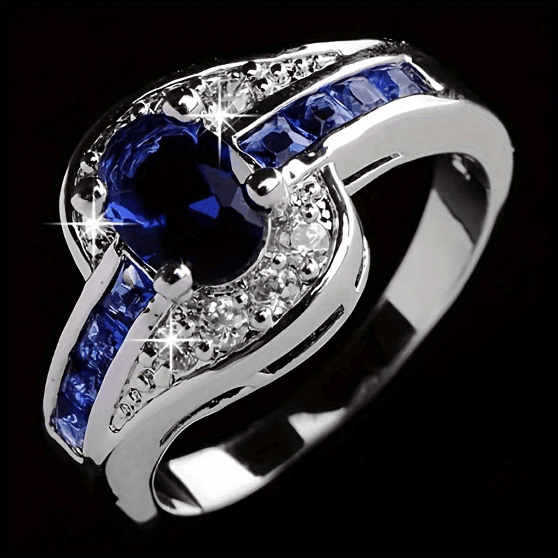 TEMU Elegant Wedding Ring Featuring A Shiny Oval Blue Zirconia Band, Perfect For Jewelry Decoration