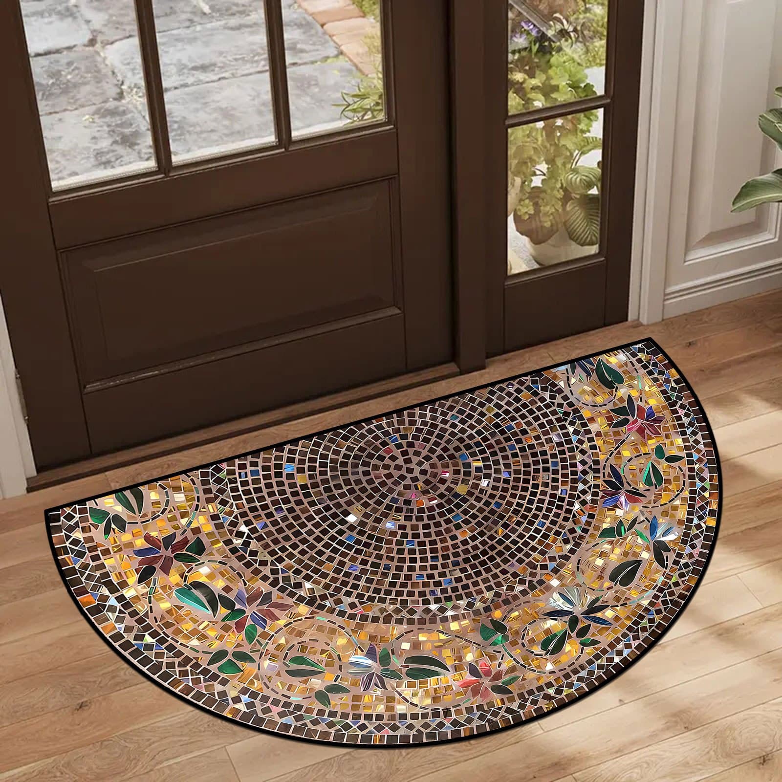 TEMU 1pc Retro Style Welcome Doormat, Plant Vine Design, Colored Stone Texture, Half Round Non-slip Entrance Mat, Perfect For Home Decoration, Outdoor Doormat | Retro Mosaic Design