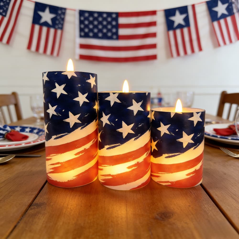TEMU Set Of 3 American Us Flag Led Flameless Candles, Battery Operated Flickering Pillar Candles, Stripe Print, Patriotic Party Home Mantel Decor Gift (no Remote, Batteries Not Included)