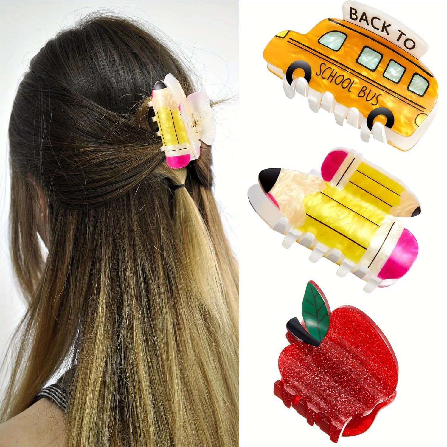 TEMU 3pcs Pencil Bus And Hair Claw Clips Back To Teacher Clips Jaw Barrettes For Teachers Appreciation Gift Hair Accessories