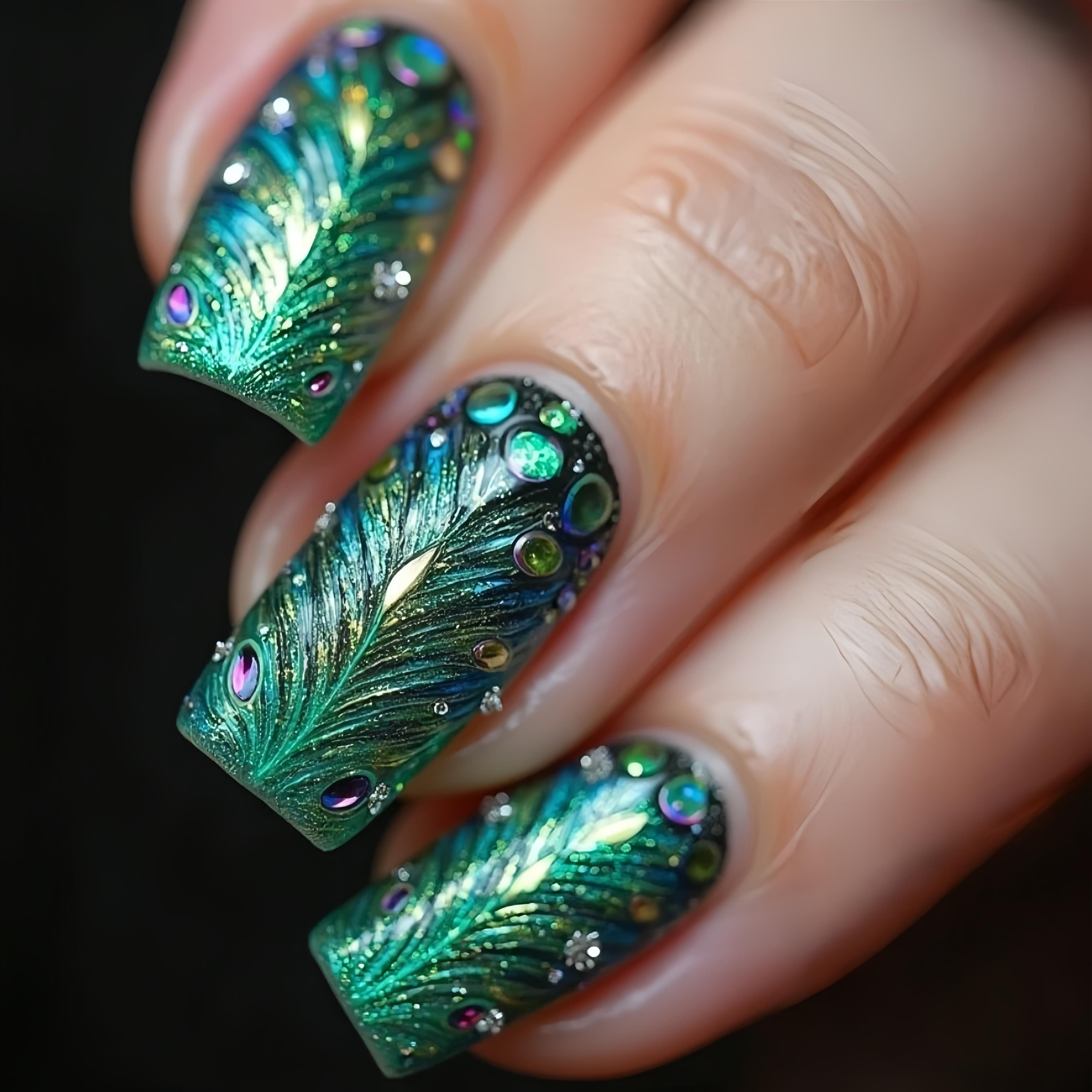 TEMU 24pcs Pattern Designed Nails, Green Nail Art, Removable Press-on Nails, Ladies' Manicure, Reusable Fake Nails