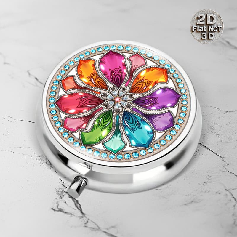 TEMU This Is A Compact Round Metal Pill Container Featuring A On The And Vibrant Petal And Star Designs Inside, Making It Ideal For Halloween, Christmas, And A Considerate Gift For Thanksgiving