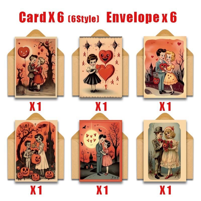 TEMU 12-pack Of Vintage Horror-themed Valentine's Day Greeting Cards With Envelopes, Featuring 6 Distinct Retro , Suitable For Parties And Kitchen Settings