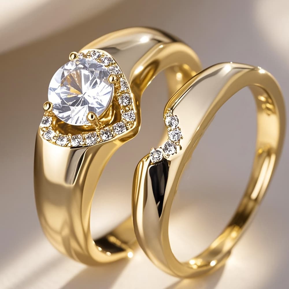 TEMU 2pcs/ Set Exquisite Elegant Inlay Circle Synthetic Zirconia Heart Shaped Ring Set For Women Wedding Engagement Party Banquet Daily High Quality Ring Jewelry Valentine's Day Gift