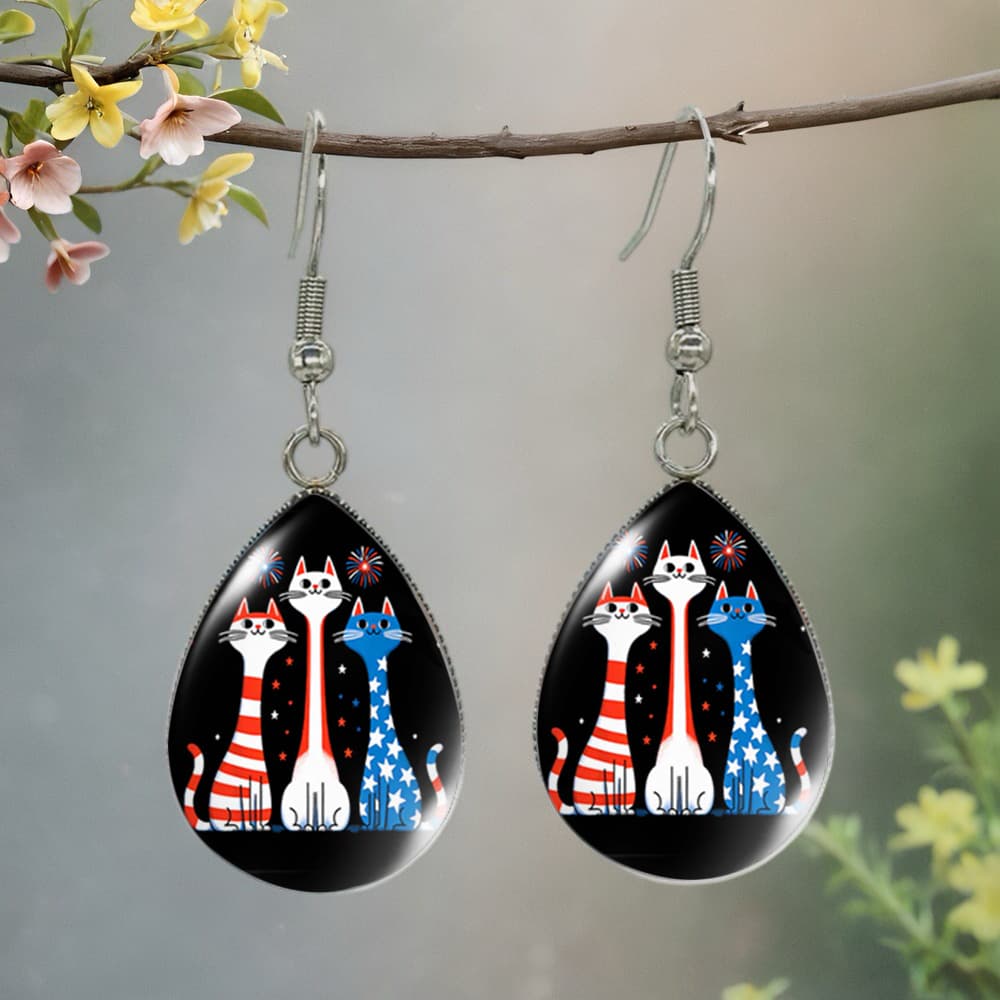 TEMU 1 Pair American Flag Cat Earrings Suitable For & Cat Lovers, Fireworks Teardrop Dangle Earrings With Flag For 4th Of Parties, Gifts, Daily Wear - Accessory For &