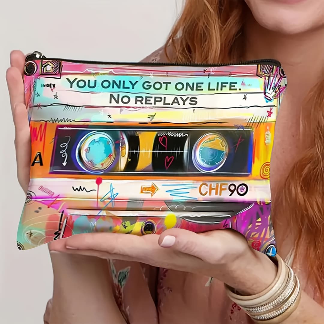 TEMU A Makeup Bag The 80s Featuring A Retro Tape Design And The 'you Live ', Perfect For Travel, Camping, Or Fitness. This Lightweight, Unisex Case Has A Zipper Closure