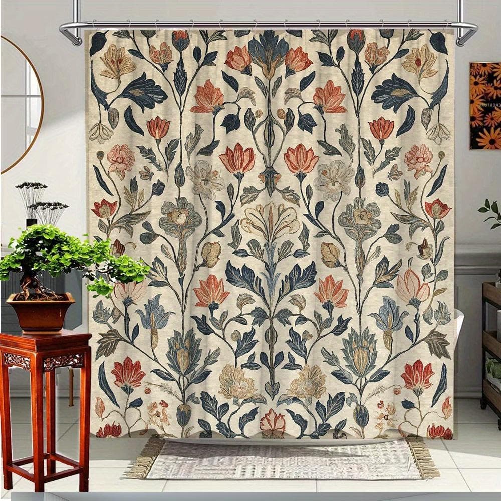 TEMU 1pc Vintage Boho Floral Shower Curtain, "x70.8" Durable Polyester Retro Botanical Bath Curtain, Machine Washable With 12 Hooks Included, Aesthetic Flower Curtain For Bathroom Home Decor