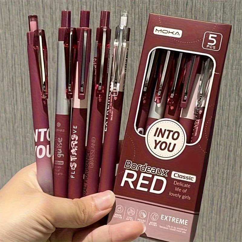 TEMU 5-pack Vintage Red 0.5mm Gel Pens, Black Ink, , Smooth Writing, Durable Plastic Construction, Ideal For Office, Daily Writing, Stationery, Signature Pens, For Holiday Gifts