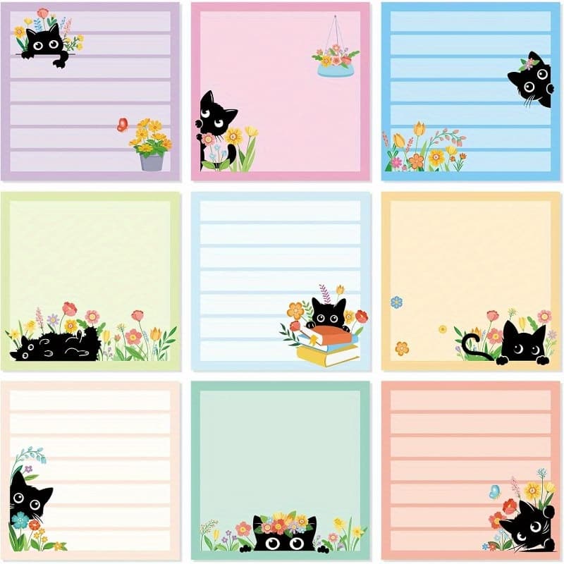 TEMU 9 Pads Cat Sticky Notes Set - 450 Sheets Cute Black Cat & , Adhesive Memo Pads For Office, School, Desk Decor - Fun , Cute Sticky Notes, School Supplies, Design, Durable Paper