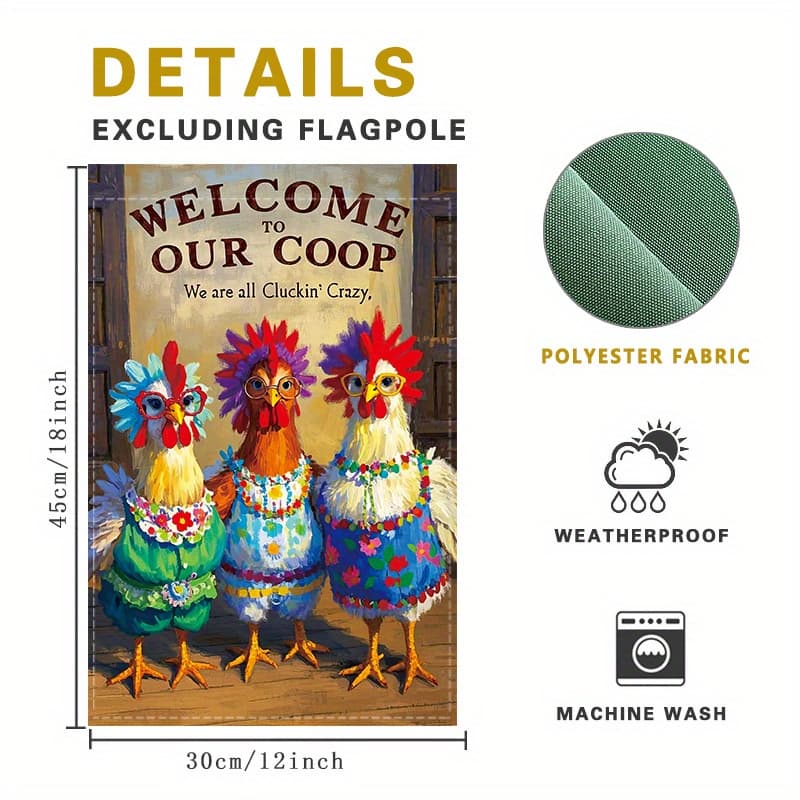 TEMU 1pc Funny Chicken Coop Flag, Double-sided Polyester, 12x18 Inches, "welcome To Our Coop" With Cluckin' For Farm-themed Outdoor & Indoor Decor, Yard, Home, Patio, No Stand Included
