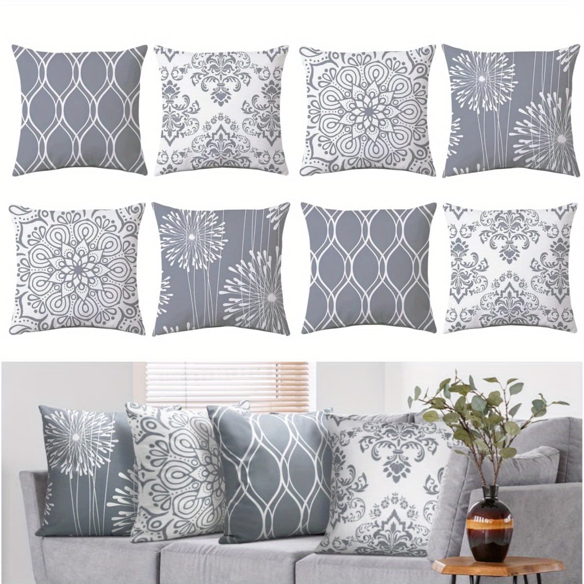 TEMU 8 Pack-2 Set Modern Simple Throw Pillow Covers 18 Inch, Geometric Print Gray White Line Pattern, Square Cushions Pillow Cases Couch Patio Sofa Room Decor