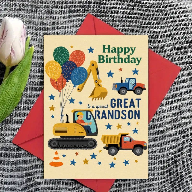 TEMU A Birthday Card Designed For A Great Grandson Featuring A Construction Theme With Excavators And Trucks. Size: 3.94x5.91 Inches, Includes An Envelope. An Ideal Gift For Your Grandson
