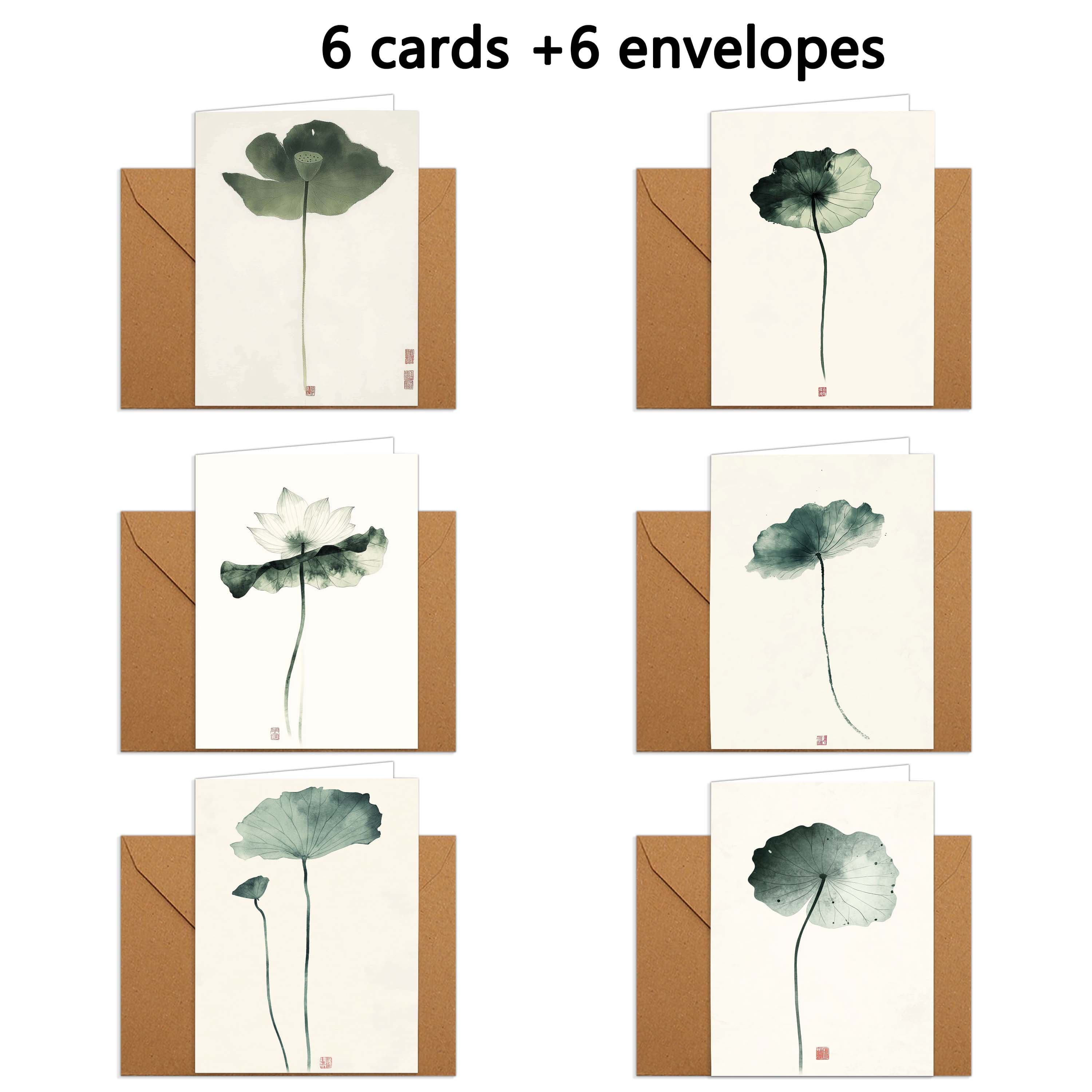 TEMU 1set/ 6pcs/ 12pcs Lotus Leaf, Lotus Flower, Calligraphy Greeting Card With Envelope Fold 9*13cm/ 3.54*5.11in 18*13cm/ 7.08*5.11in Greeting Card, Send Greeting Card Message To