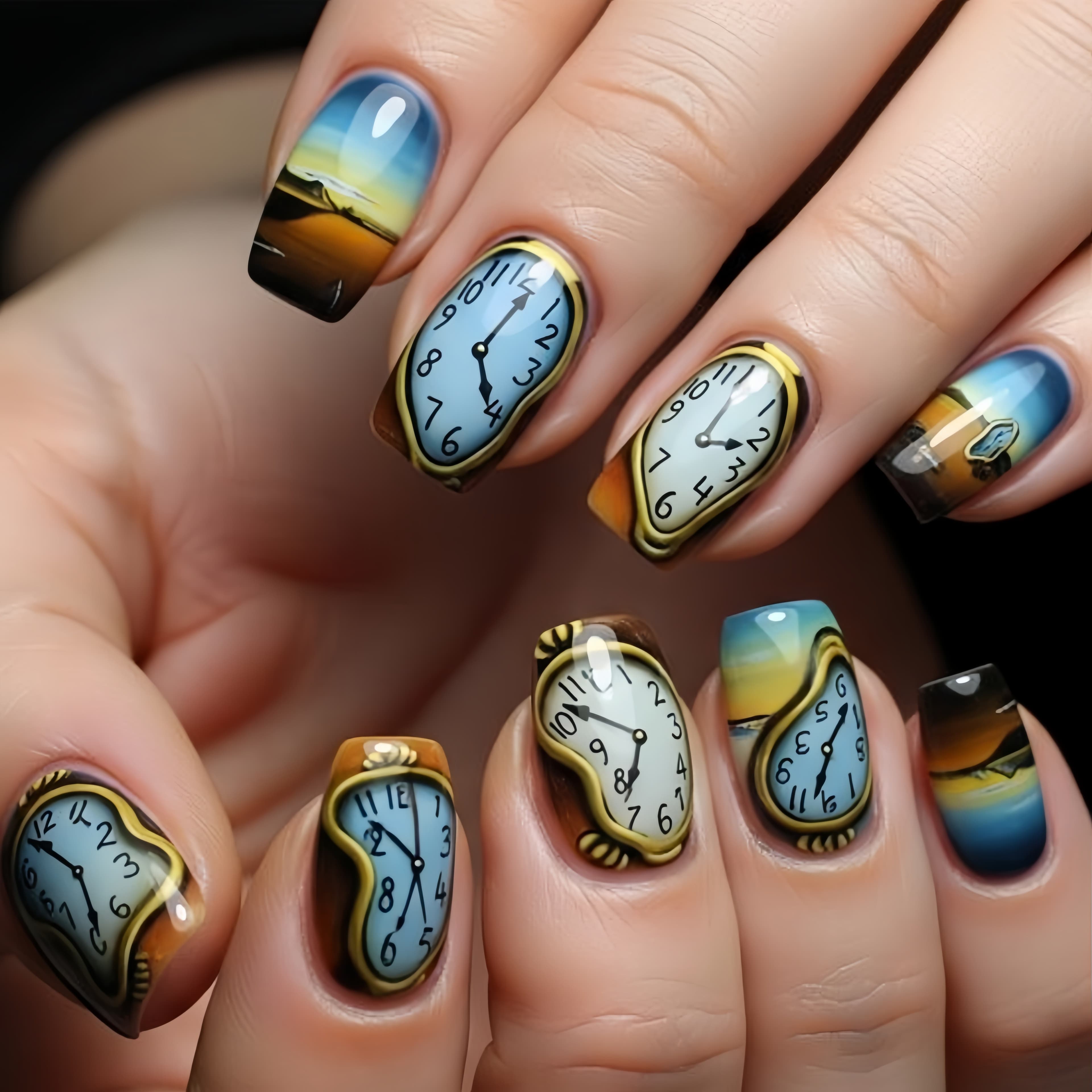 TEMU 24pcs Clocks Landscape Oil Painting Wearable Nail Long Square Pieces Style Nail Art Detachable Fake Nails Press-on Nails Women's Wearable Nail Art