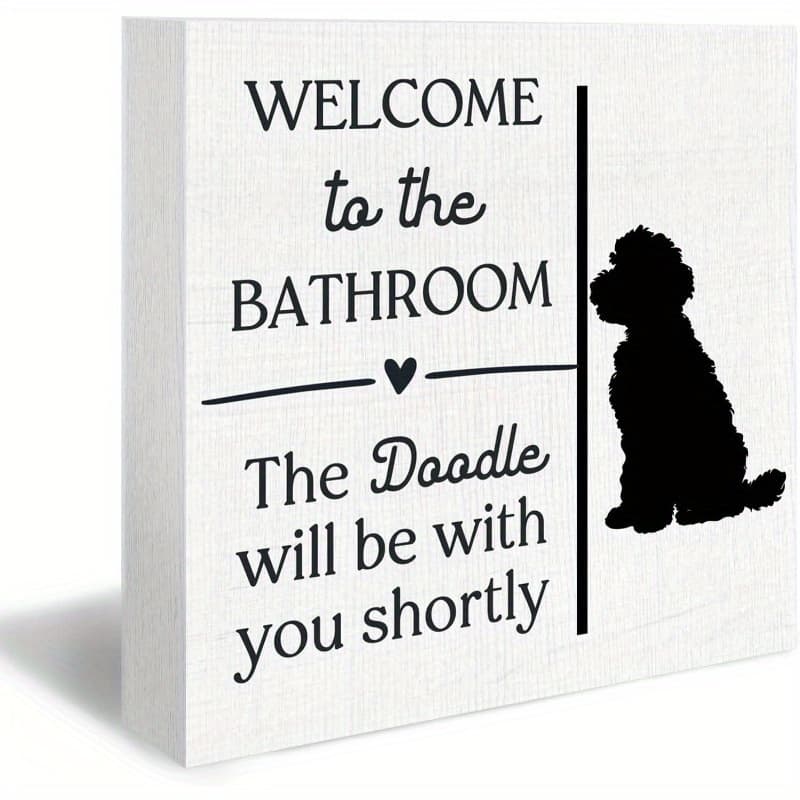 TEMU 2d Flat, 2d Flat Welcome To The Bathroom The Goldendoodle Wood , Funny Bathroom Desk Shelf Decor, , Funny Dog Wooden Block Plaque Table Decor 5x5 Inch, 2d Flat