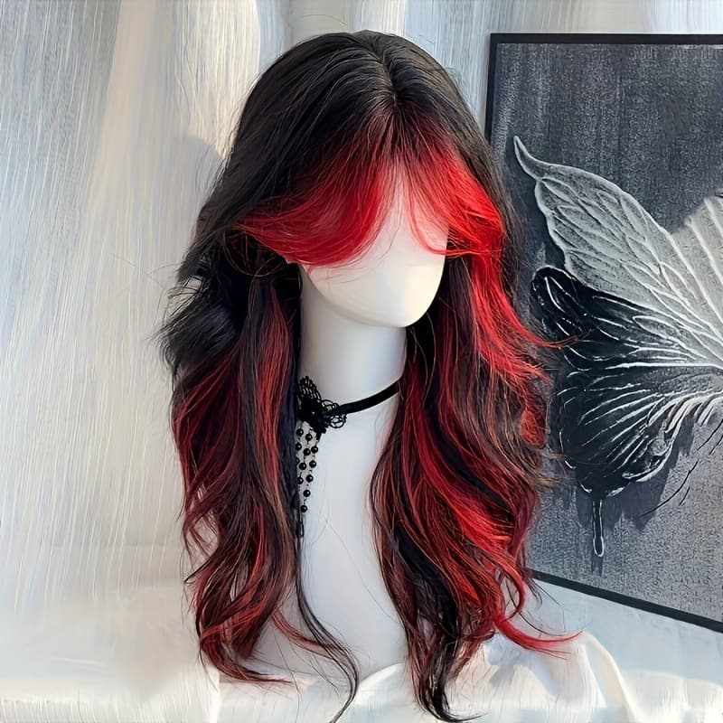 TEMU A Daily Wig Suitable For Everyone, Black And Red, Dyed Into Medium Waves And , Long , Fashionable And Elegant, Party Universal Wig, Halloween Wig