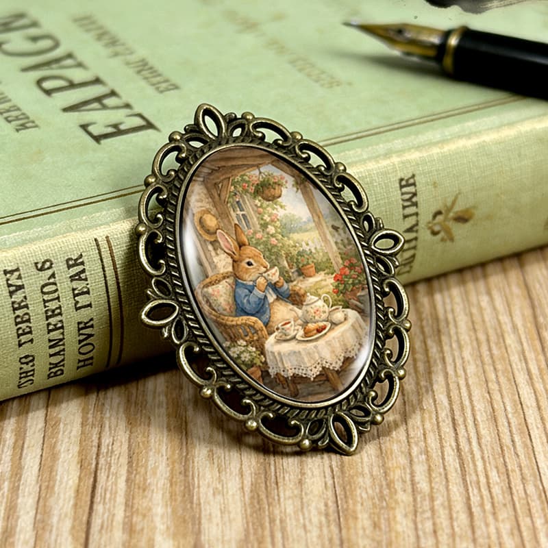 TEMU 1pc Rabbit's Tea Party Brooch Oval Lace- Glass Brooches Clothing Backpack Accessory Ideal Gift