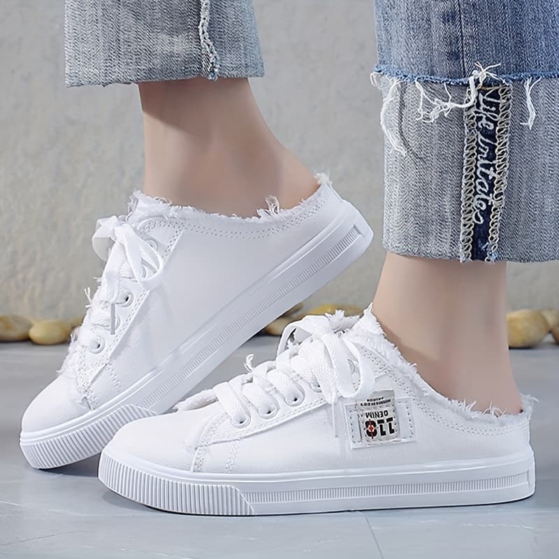 TEMU Women's Breathable Lace-up Sneakers- White Casual Shoes, Fabric Upper With Durable Pvc Sole, Flat Comfortable Walking Shoes, Fashionable Casual Shoes For Daily Wear, Women Shoes
