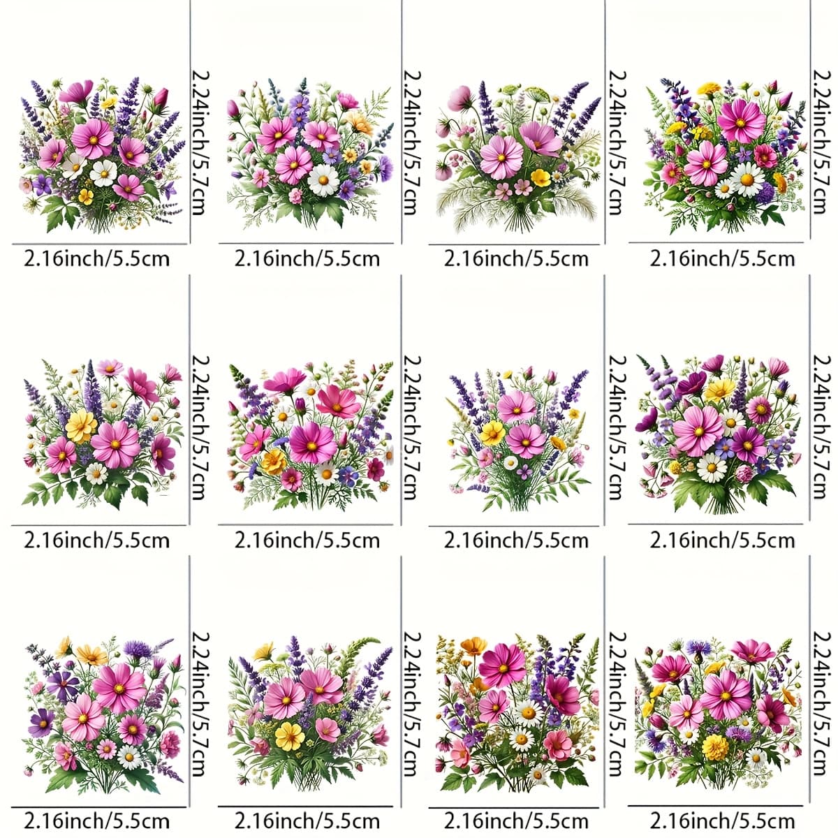 TEMU 12pcs Dtf Transfer Stickers, Suitable For Mugs, Tables, Chairs, Etc. - Vibrant Floral Patterns With Pink, Purple, Yellow, And White Flowers - High- Floral Print Stickers