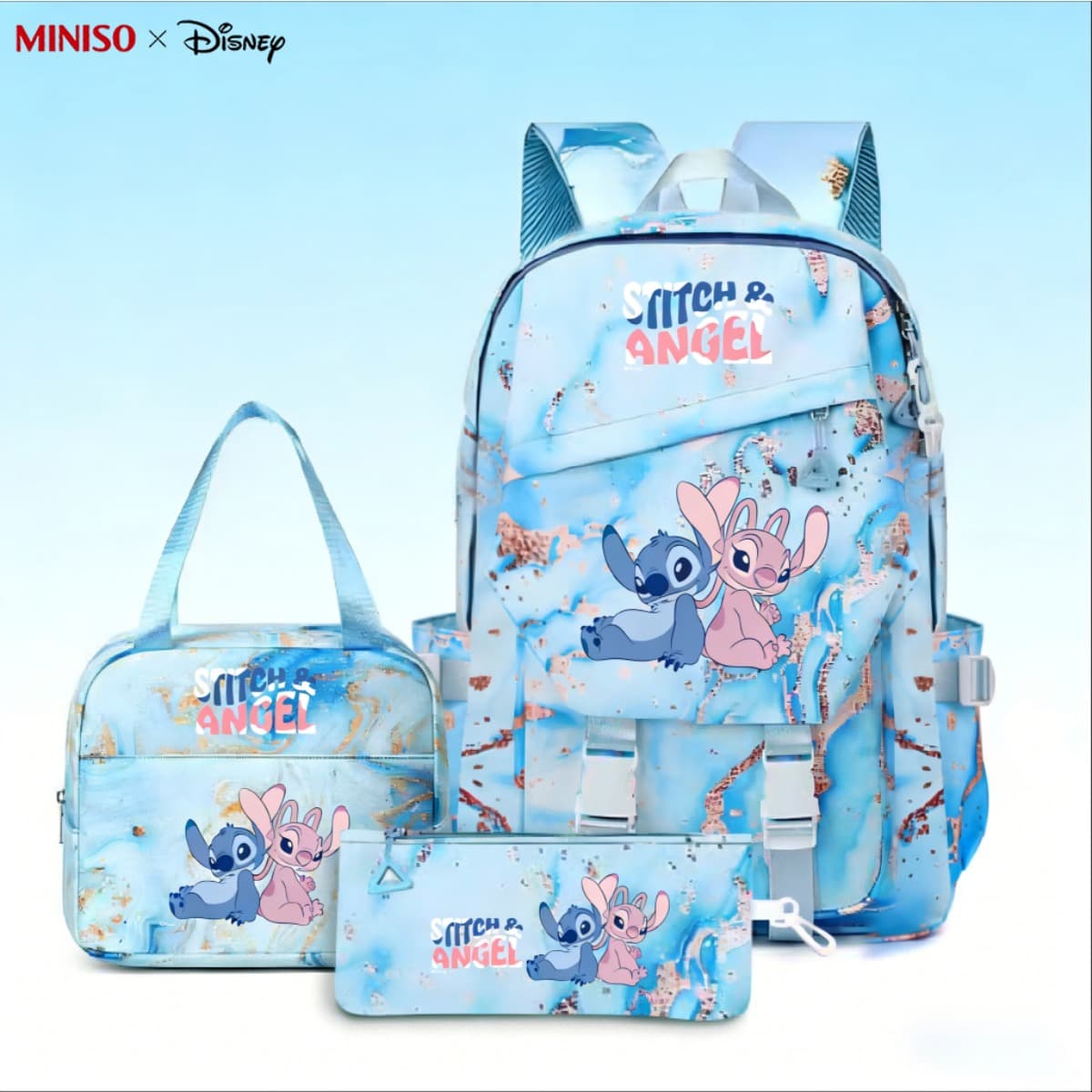 TEMU Stitch And 3pcs Backpack Set By Miniso - Blue School Bag With Insulated Bag And Pencil Case, Ideal For Work, Study, And Travel