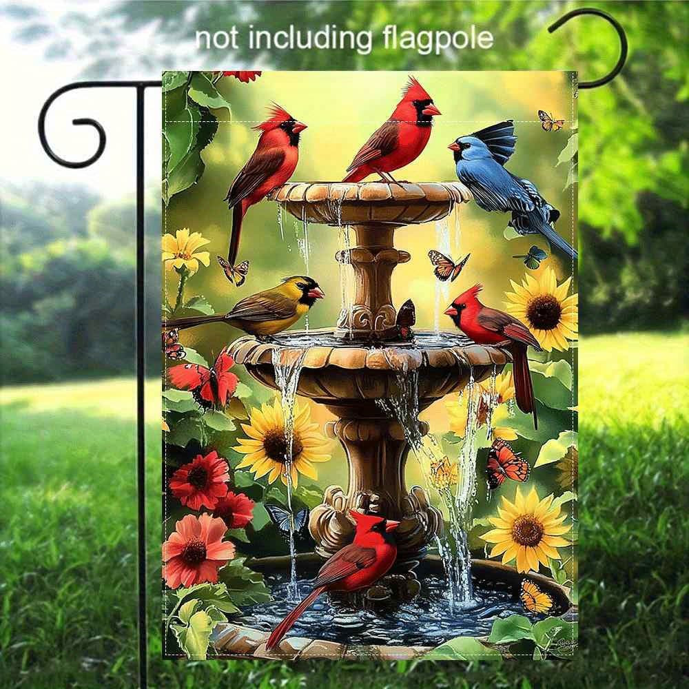 TEMU 2d Flat, 1pc Double-sided Printed Garden Flag, Linen Material, No Flagpole Included, 2d Flat Print, Floral Bird Fountain Design, 2d Flat