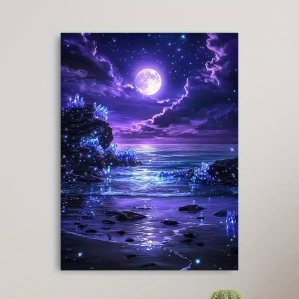 TEMU Frameless Canvas Wall Art Painting - On Purple Luminous Beach - Versatile Home Decoration, Suitable For Christmas, Halloween, Birthday, Graduation, Back-to-school - 1pc, Ready To Hang