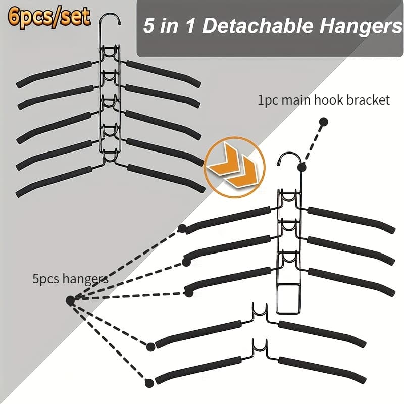 TEMU 6pcs Set(includes 1 Main Hook Bracket+ 5 Hangers) Foldable Hanger, Space-saving Wardrobe Storage Rack With Anti-slip Pads, Suitable For Jackets, Pants, Sweaters, Scarves, Skirts