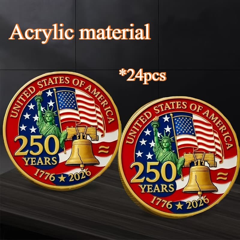 TEMU Replica Coin 24pcs - 250th Anniversary Challenge Coin 2026 | American Flag Portrait Series Medal, Acrylic Material Coin, Suitable For Collectors, Events And Milestone Memorabilia