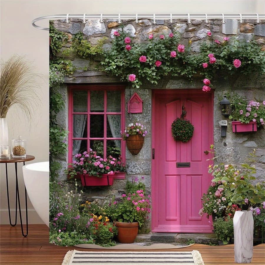 TEMU 1pc Photograph Of Rustic With Vibrant , Climbing Roses, And Potted Flowers Shower Curtain Featuring European Village Feel With 12 Hooks 70.86x70.86in Housewarming Gift