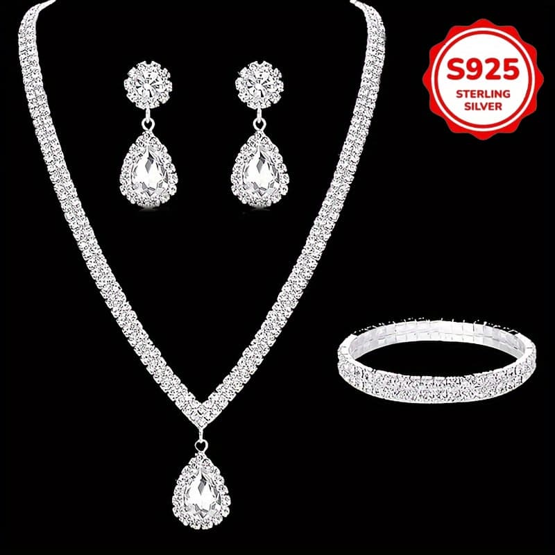 TEMU 3/4pcs Wedding Bracelet, Necklace, And Earrings Set, Evening Gown, 925 Silver Moissanite Banquet, Party, Jewelry, Wedding Bracelet, Necklace, And Earrings Set