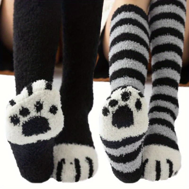 TEMU 2-pack Cute Cat Pattern Print Warm Soft Stretchy Home Athletic Socks, Thickened -lined Mid-calf Autumn/winter