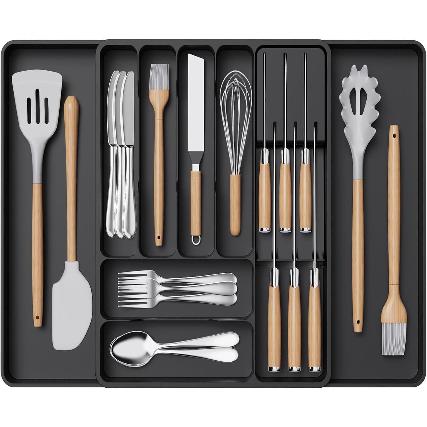 TEMU Expandable Kitchen Drawer Organizer With Removable Knife Block - Adjustable Cutlery & Utensil Tray, Large Capacity Flatware Holder For Spoons, Forks & More - Durable Pp Material