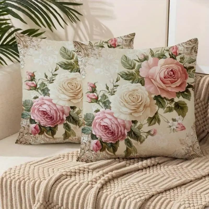 TEMU 2pcs Vintage Floral Throw Pillow Covers- Decor For Sofas And Couches, Polyester, Zipper Closure, Hand Wash , No Insert Included, Pillows For Couch