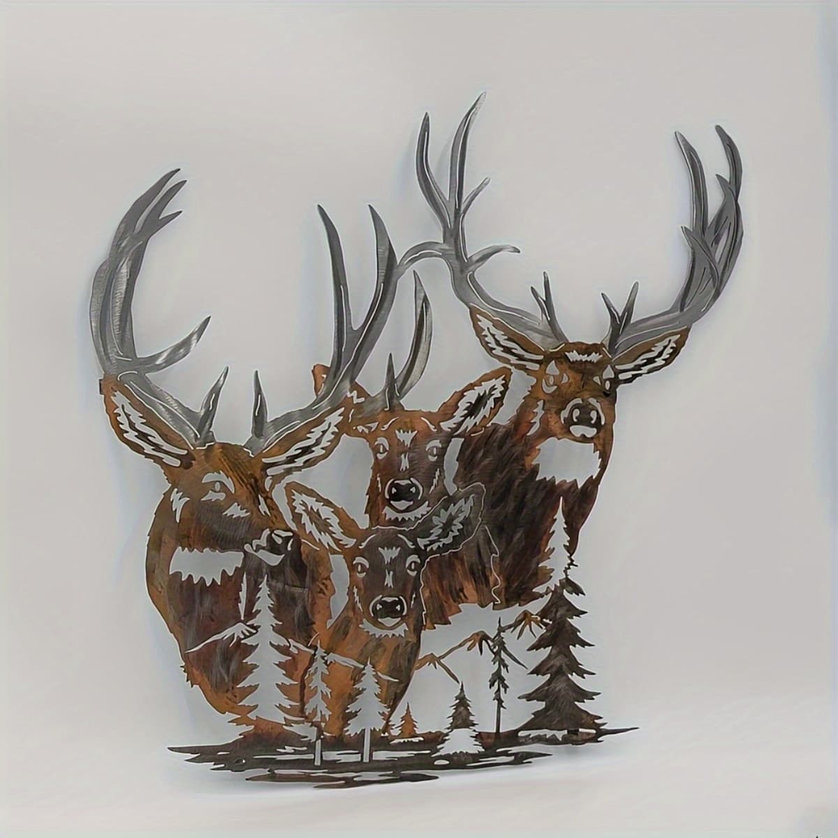 TEMU 11.81in*11.1in Deer Family And Mountain Landscape Metal Wall Art, Primitive Wildlife Silhouette Hanging Decor Suitable For Home Decoration