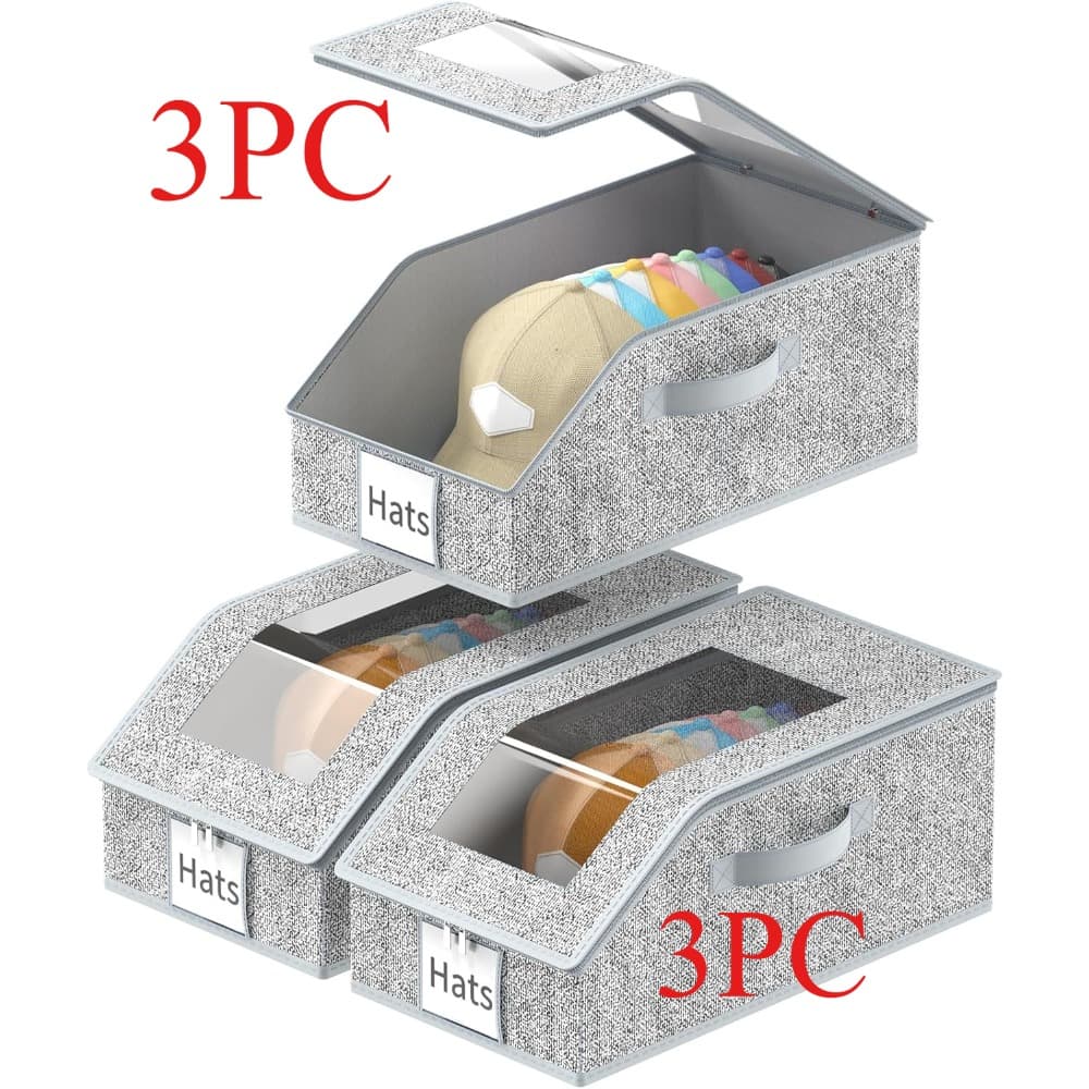 TEMU 3 Pack Stackable Hat Organizer For Baseball Caps, Hat Storage With Clear Window Lid, To 45 Ball Storage Organizer, Foldable Holder With Cardboard, For Closet Bedroom Shelf(grey)