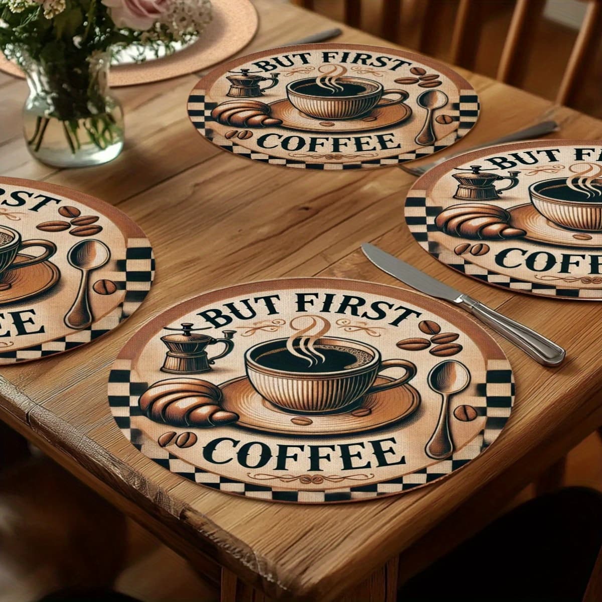 TEMU 4pcs Retro Coffee Placemats Suitable & Dining Table - Square Washable Table Mats With "" Coffee Bean Design, Plastic & Hand Washable, Cafe Decor (14.96x14.96 Inches)