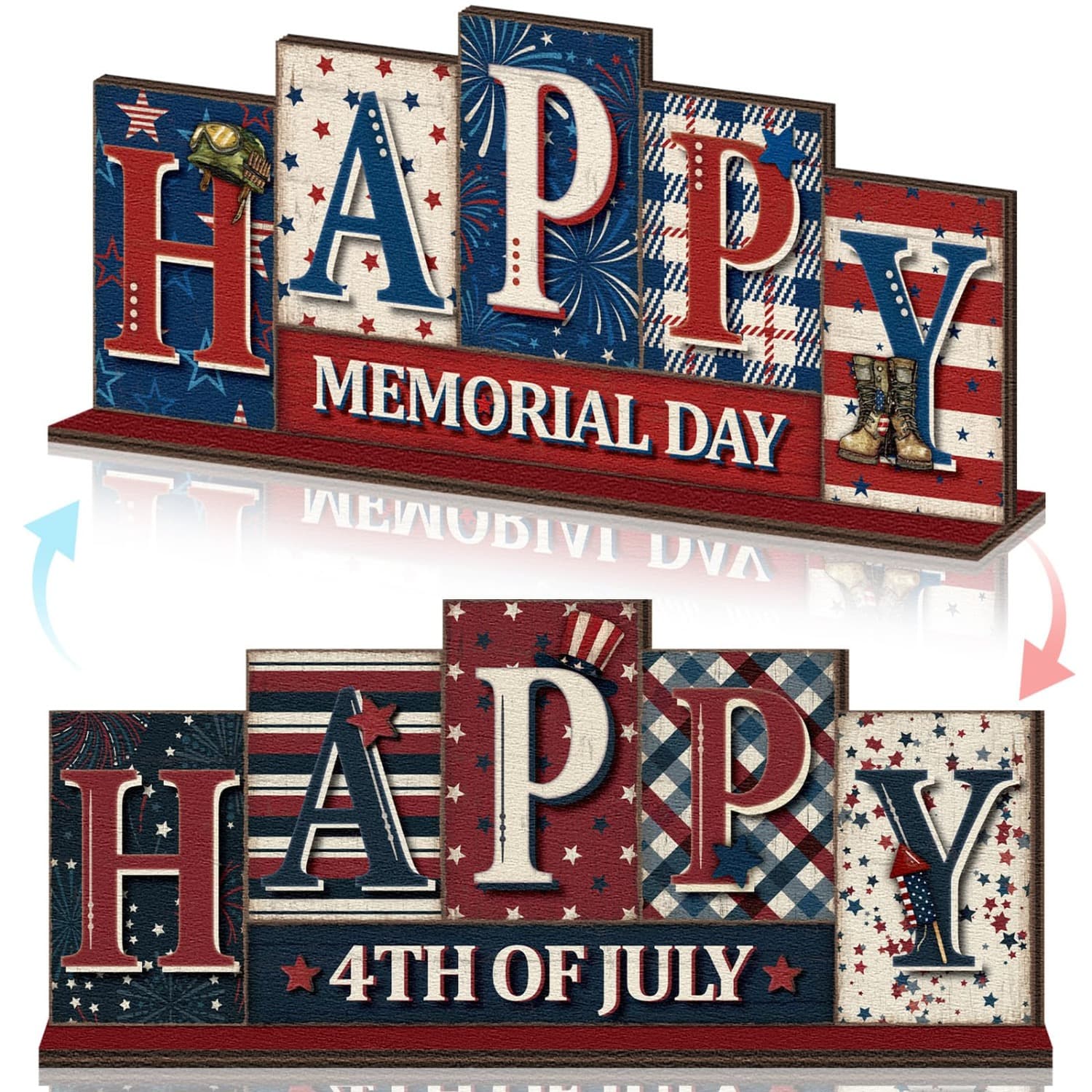 TEMU 2pcs Memorial Day Table Decorations Reversible Patriotic Wooden Sign Tabletop Centerpiece Farmhouse 250th Anniversary Decor For Home Office Desk Shelf Tiered Traydecorative Sign, Plaque