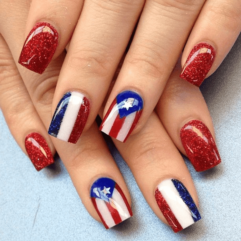 TEMU 48pcs Medium Short Square Puerto Flag Glitter Press On Nails, Red Blue Block Reusable False Nails, Fan Cheer Manicure