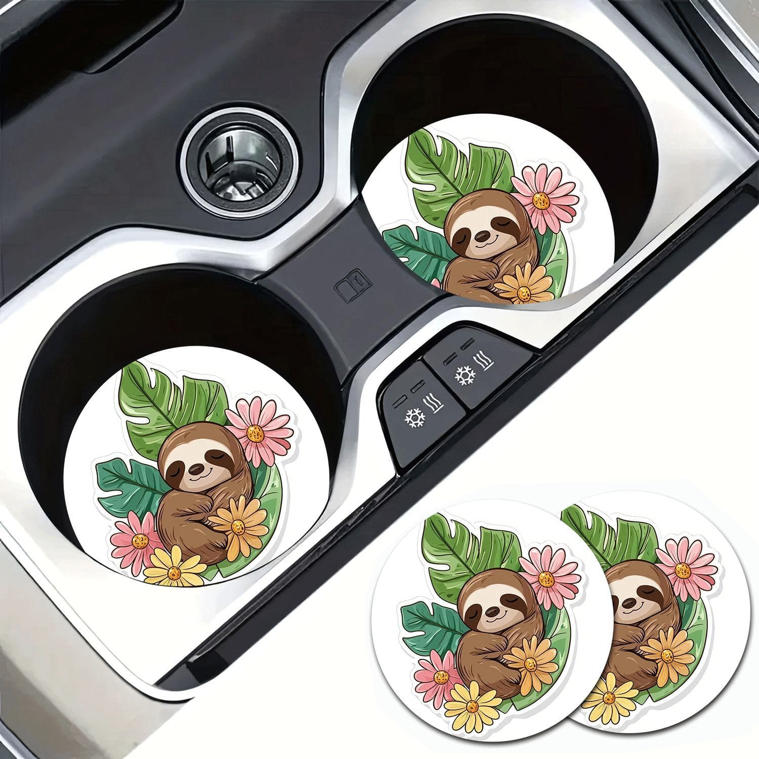 TEMU Set Of Sloth Cartoon Car Coasters - Non-slip, Cup Holders, Featuring A Floral Pattern, Perfect For Vehicle Interior Additions, Adorable Car Additions