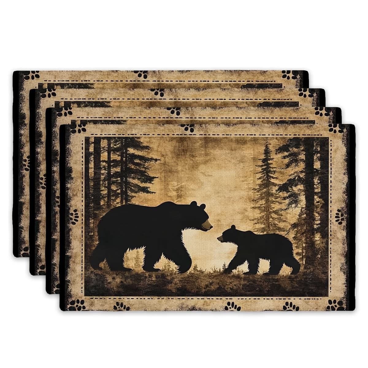 TEMU Of 4 Placemats Featuring A Bear Design, Suitable As A Table Runner For Dining Areas, Kitchens, And Home Decor. Each Measures 12" X 18" And Is Perfect For Farmhouse Themes, , Birthday Parties