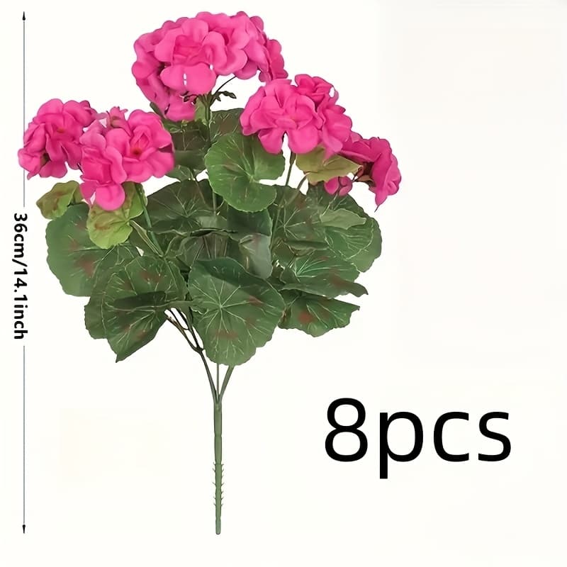 TEMU 8 Sets (40 Large Flower Heads) Artificial Geranium With Uv Resistance- Flowers With Green Leaves, Maintenance-free Outdoor/plastic Plants, Suitable For Wedding, Festival And Office Decoration